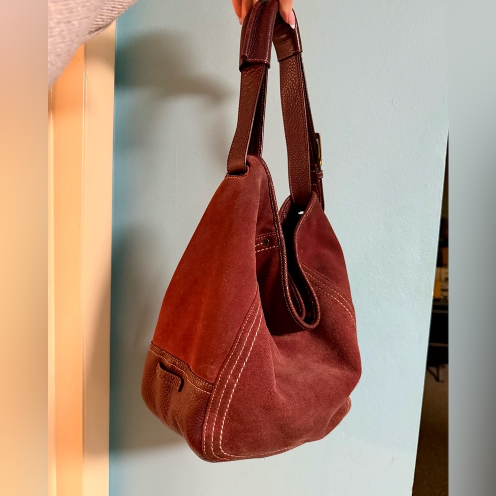 Cole Haan Burgundy Suede and Leather Bucket Shoulder Bag - Picture 6 of 10